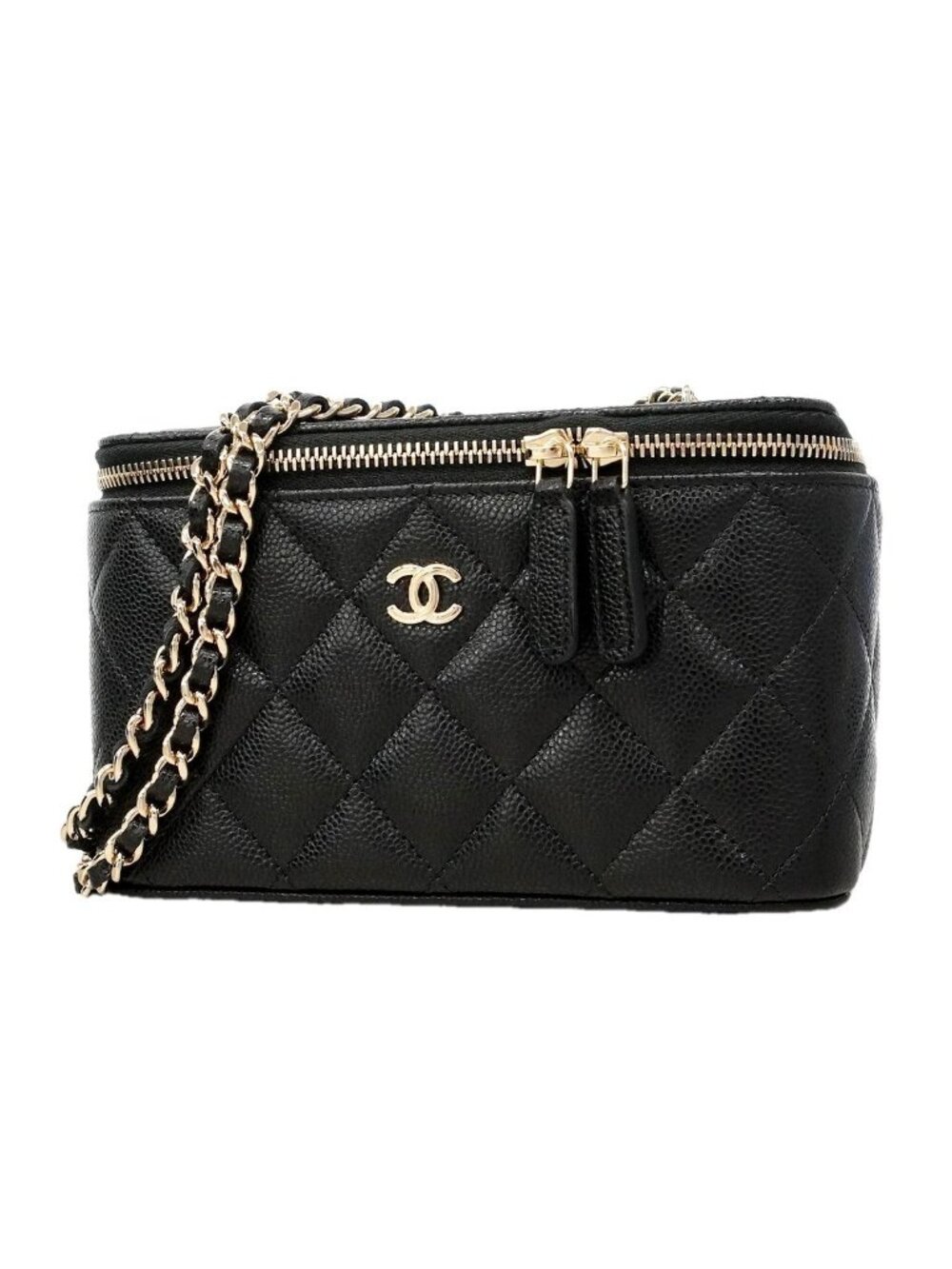 Chanel Shoulder Bag Quilted Caviar Leather Black Champagne Gold